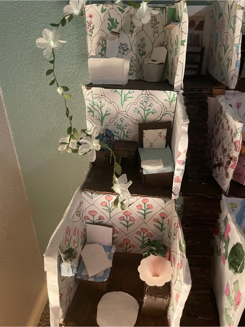 Handmade Floral Miniature Dollhouse Art - Pink, Green, White